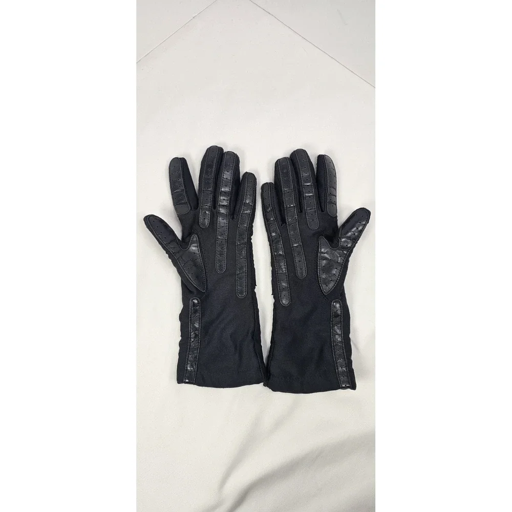 Vintage Black Stretch Winter Gloves Chevron Faux Leather Trim One Size Y2K‎
